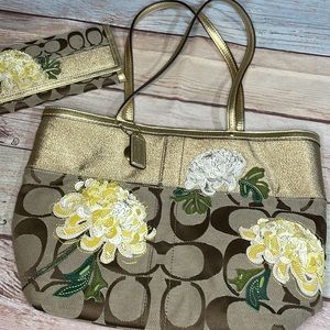 Coach Gold and Brown Floral Signature Tote with Yellow and White Appliqué